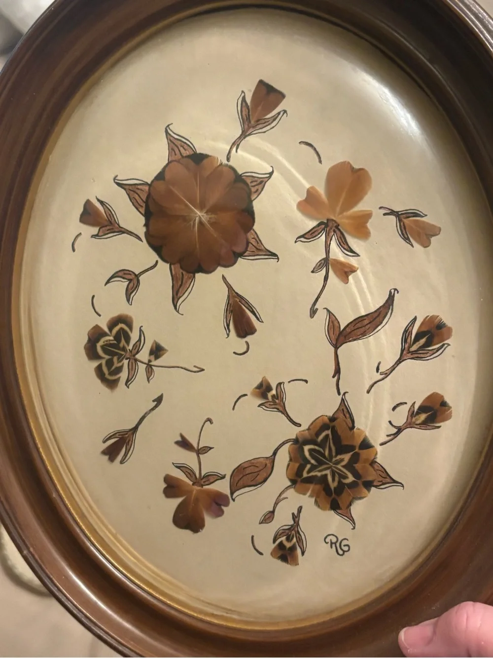 Wood-Tone Bubble Framed Convex Floral Wall hanging - Brown and Cream- Vintage